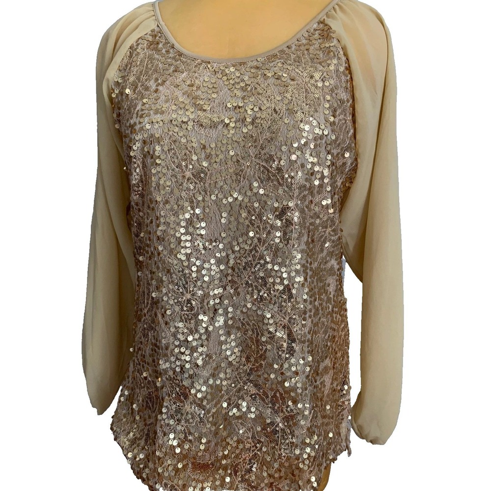 BAGLEY MISCHKA Medium Gold Sequin Lace Split Sleeve Tan Champagne Blouse, EUC
